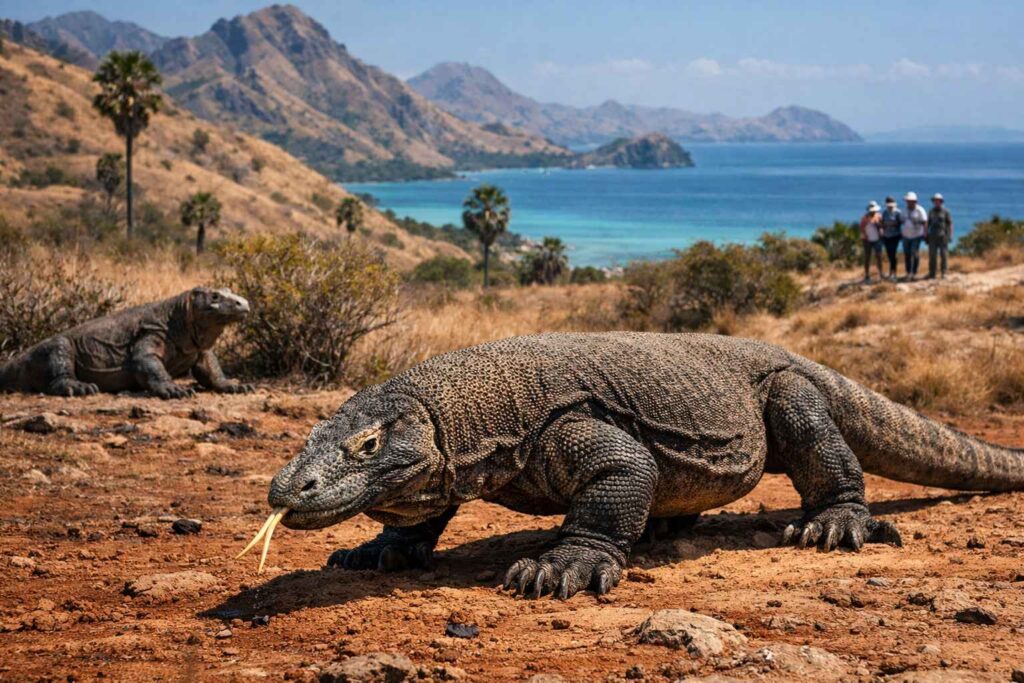 Ecotourism in Indonesia. Komodo dragons in protected national park showcasing ecotourism in Indonesia conservation efforts