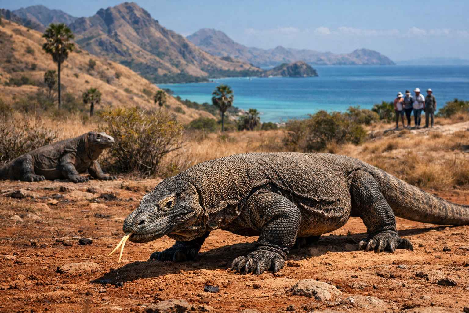 Ecotourism in Indonesia. Komodo dragons in protected national park showcasing ecotourism in Indonesia conservation efforts
