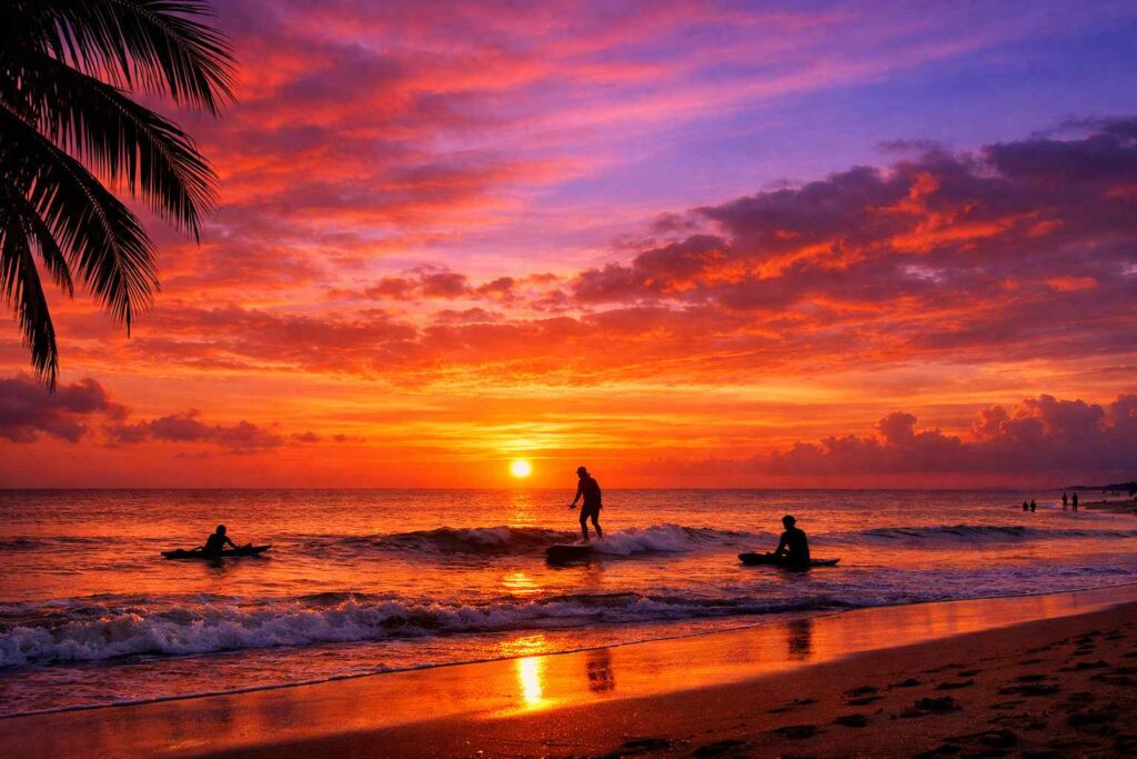 Kuta Beach sunset spots with surfers silhouetted against orange sky and calm ocean waves