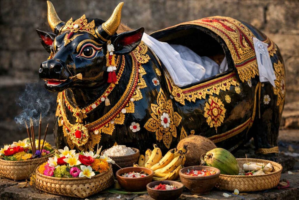 Lembu cremation coffin Bali shaped like black bull with ornate decorations prepared for Ngaben ceremony in Bali