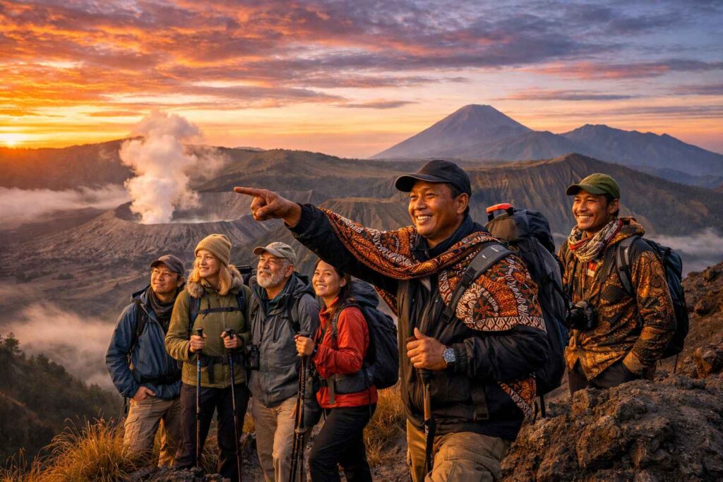 Local community guides leading sustainable hiking tour demonstrating ecotourism in Indonesia benefits