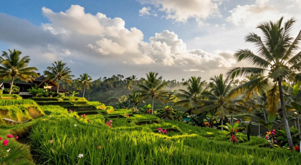 Lush tropical landscape showcasing Bali's unique climate patterns, featuring rich green rice terraces in the foreground, dotted with vibrant flowers and palm trees. In the middle ground, illustrate an expanse of bright blue sky interspersed with fluffy white clouds, demonstrating the dynamic weather conditions typical of Bali. The background should reveal distant hills with a misty haze accentuating the warm glow of the sunlight bathing the scene, creating a serene and inviting atmosphere. Use soft, natural lighting to enrich colors and enhance the textural details of the foliage. The perspective should be slightly elevated, capturing the sweeping beauty of the landscape while evoking a sense of tranquility and the vibrant life inherent in Bali's tropical climate.