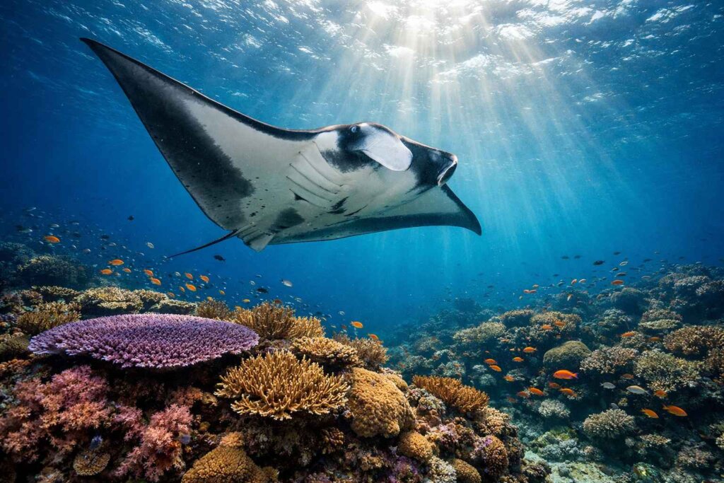 Manta ray swimming over pristine coral reef ecosystem in Komodo National Park UNESCO World Heritage Site