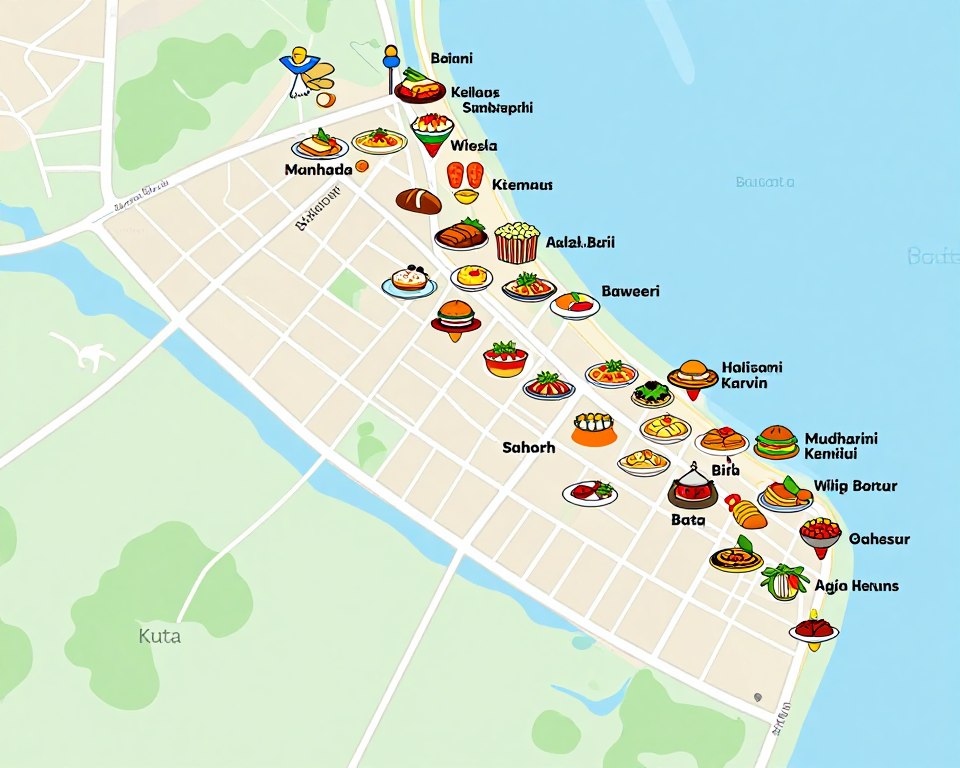 Map highlighting stops on a Foodie's Tour of Kuta