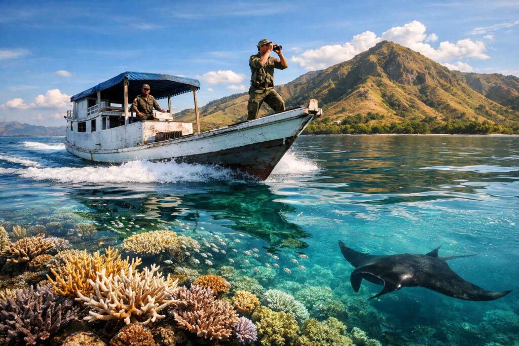 Komodo National Park Ranger. Marine patrol boat near Komodo National Park coral reef UNESCO World Heritage Site