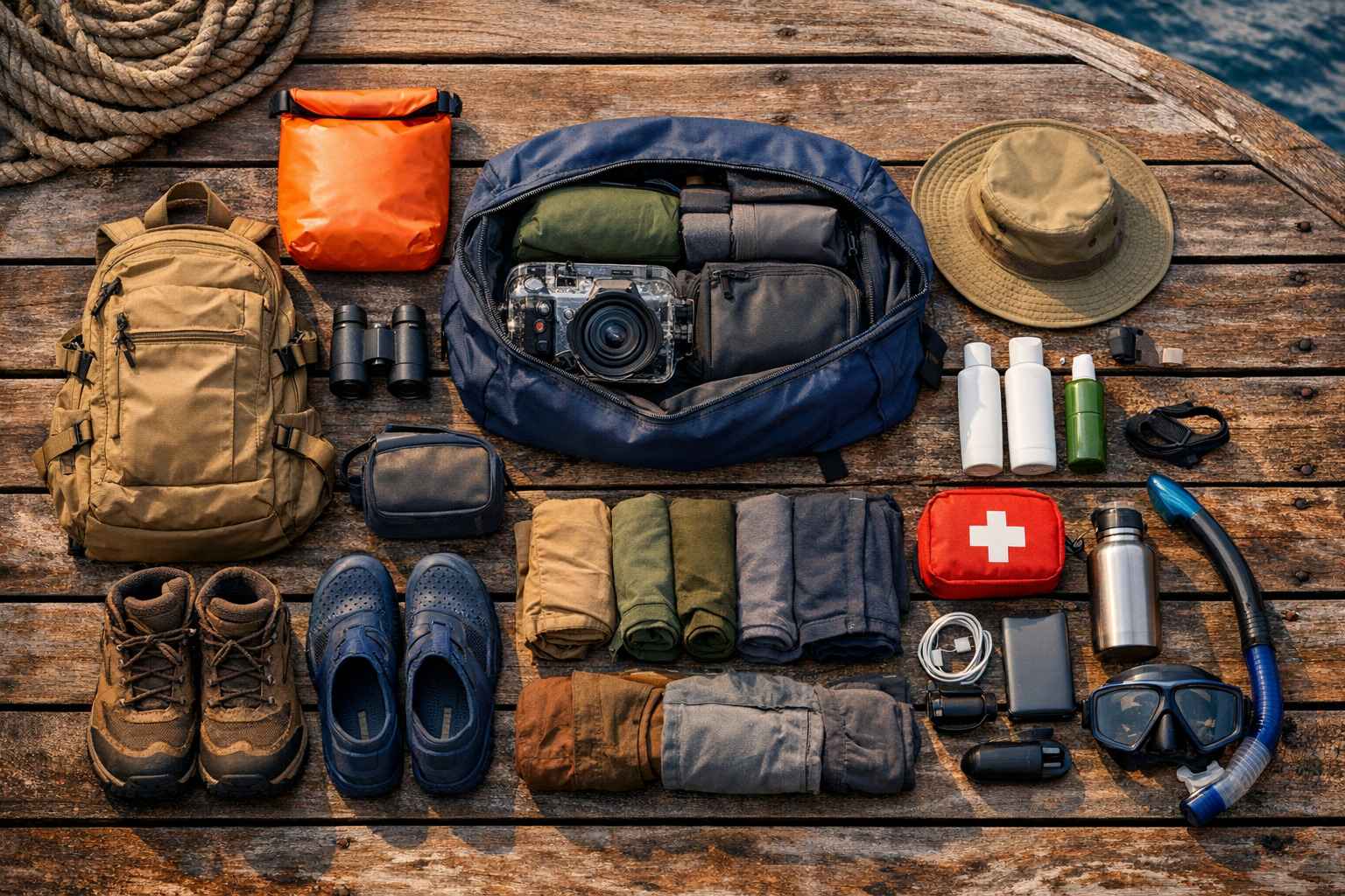 Komodo Dragons Conservation Park Checklist: Packed liveaboard luggage and daypack with essential gear for Komodo Islands boat trip