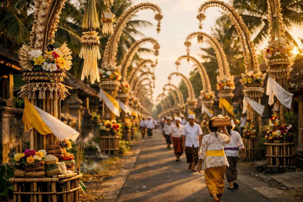 Penjor bamboo poles lining streets during major Balinese Hindu holidays