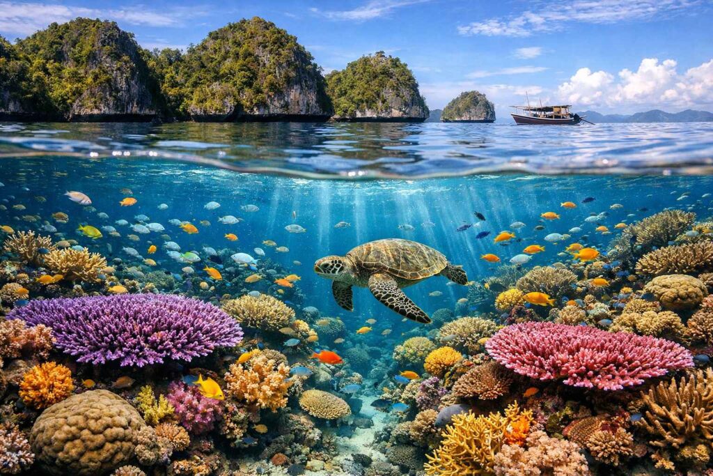 Pristine coral reefs in Raja Ampat marine ecosystem highlighting ecotourism in Indonesia