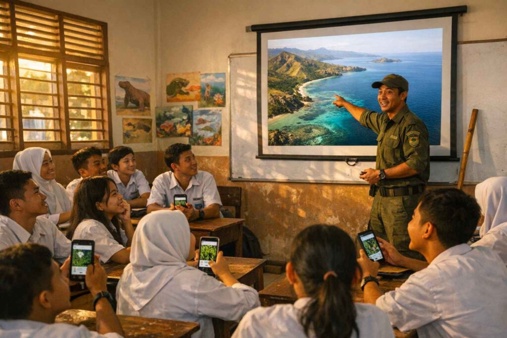 Komodo National Park Ranger. Ranger Goes to School program students learning conservation in Labuan Bajo classroom