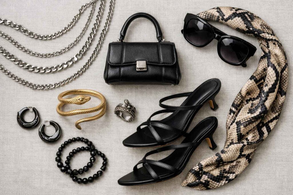 Snake-print accessories and black jewelry laid flat for Taylor Swift Reputation outfit styling