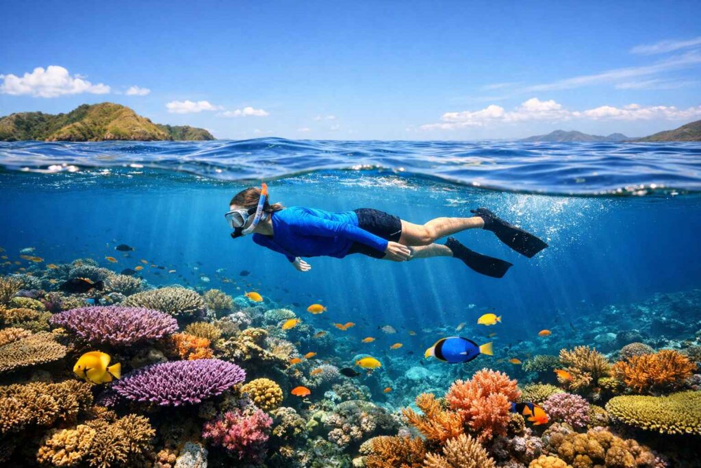 Snorkeler with reef-safe sunscreen exploring coral reefs and marine life in Komodo National Park waters