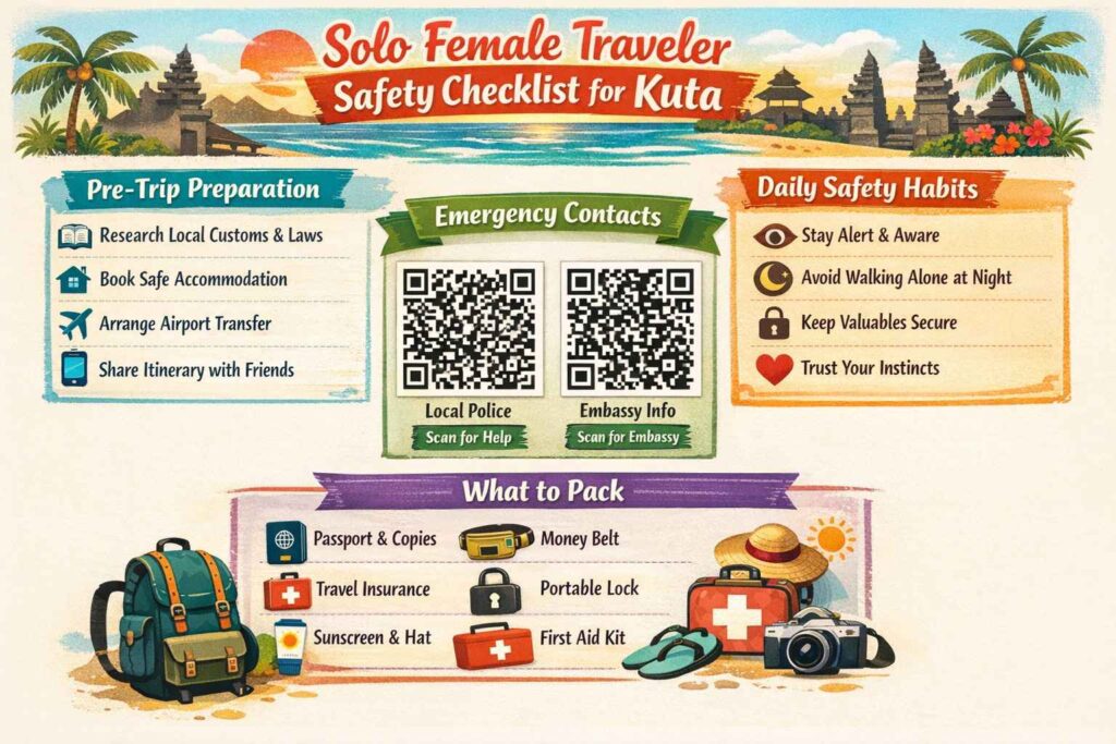 Solo Female Traveler Safety Checklist for Kuta infographic