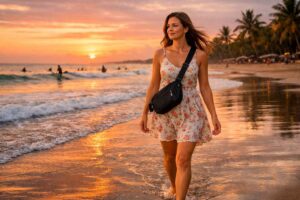 Is kuta safe for solo female travelers. Solo female traveler walking safely on Kuta Beach Bali with crossbody bag at sunset