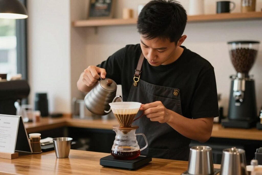 Specialty coffee preparation at a cafe during Foodie's Tour of Kuta