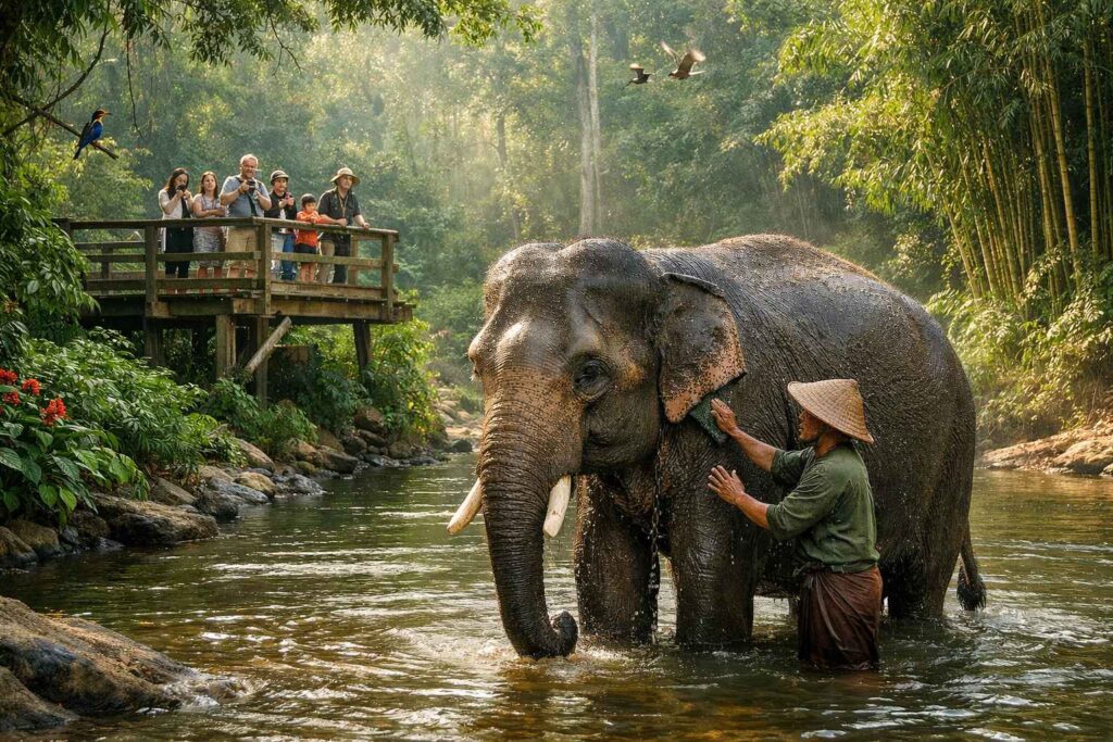 Sumatran elephants at conservation center supporting ecotourism in Indonesia wildlife protection