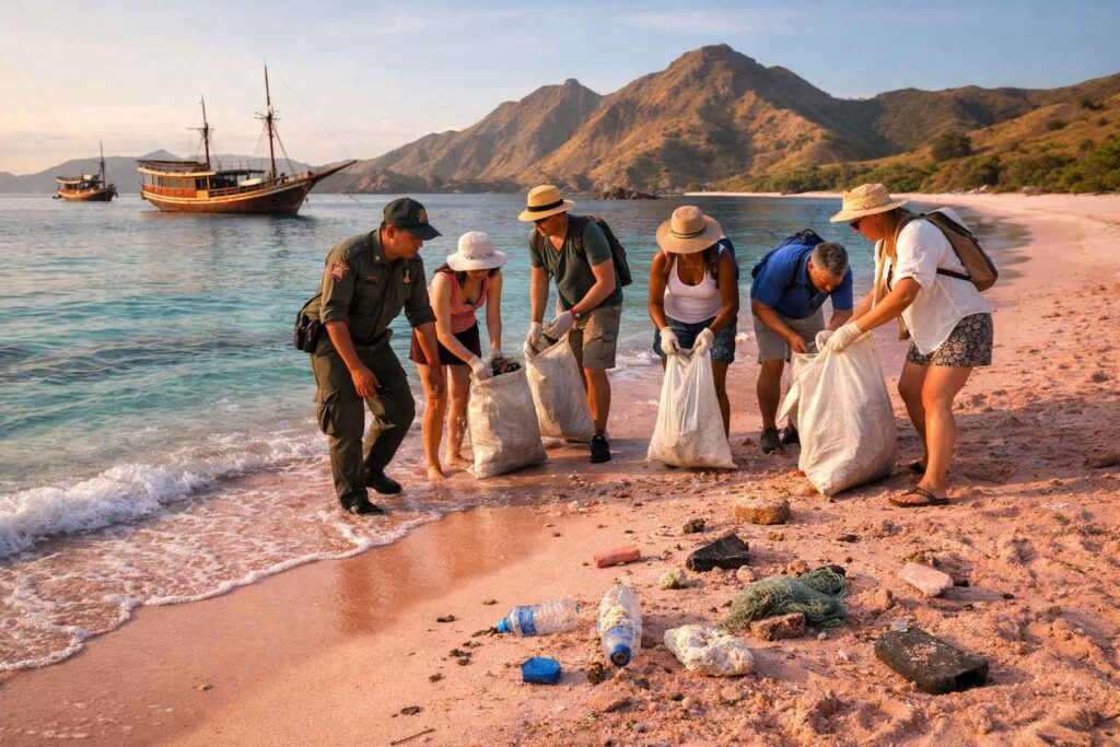 Sustainable ecotourism Komodo National Park beach with visitors