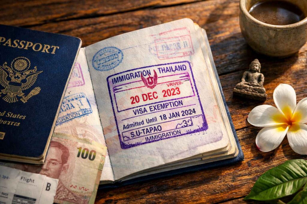 Thailand immigration stamp showing 60-day visa-free entry for US passport holders