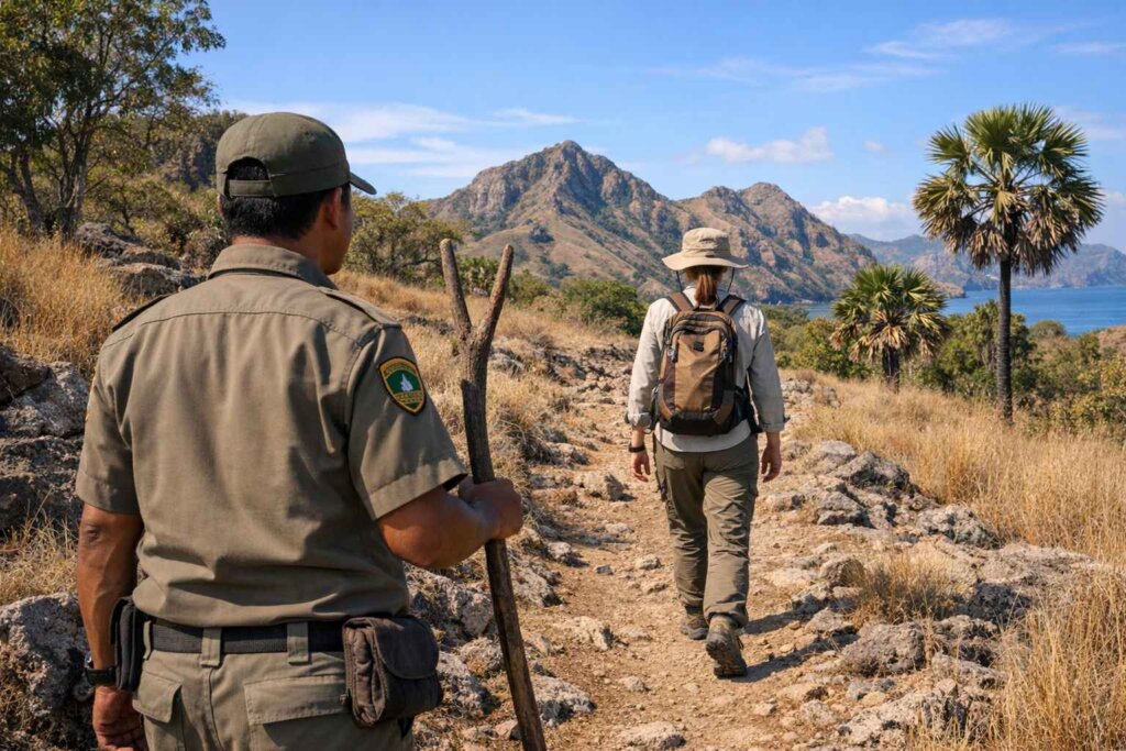 Tourist following ranger on marked trail through Komodo Island conservation area with hiking gear