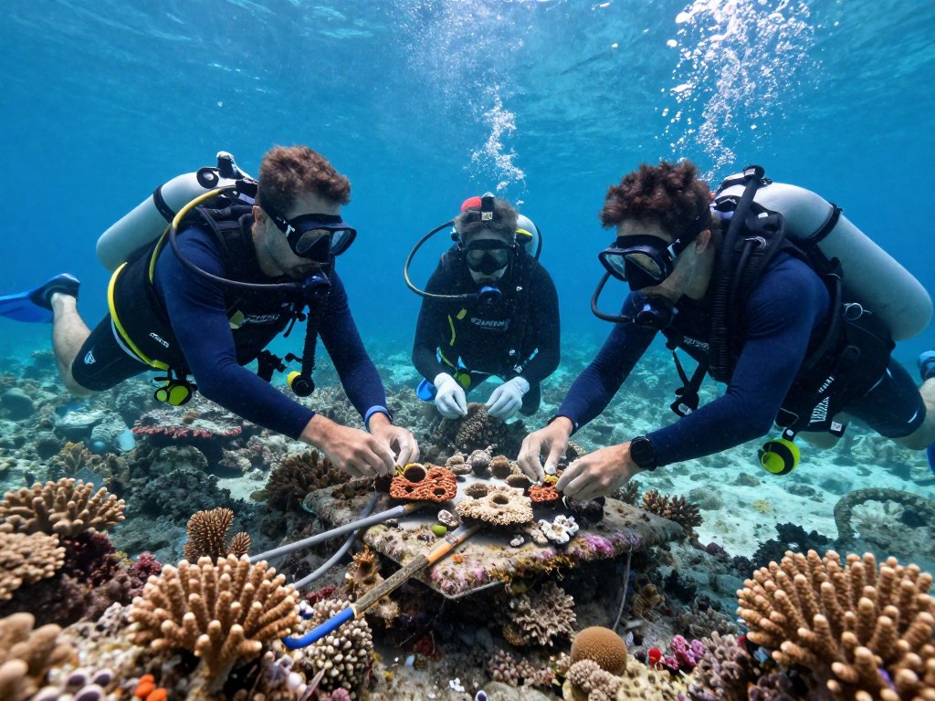 Tourists participating in coral reef restoration during nature preservation vacation