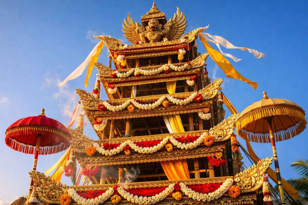 Traditional Balinese cremation tower Bade with multiple tiers decorated in gold and colorful cloth for Hindu cremation ritual Bali