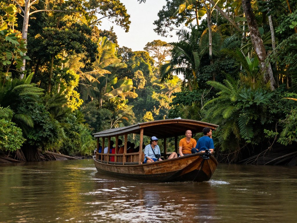 Traditional klotok boat journey through rainforest during nature preservation vacation