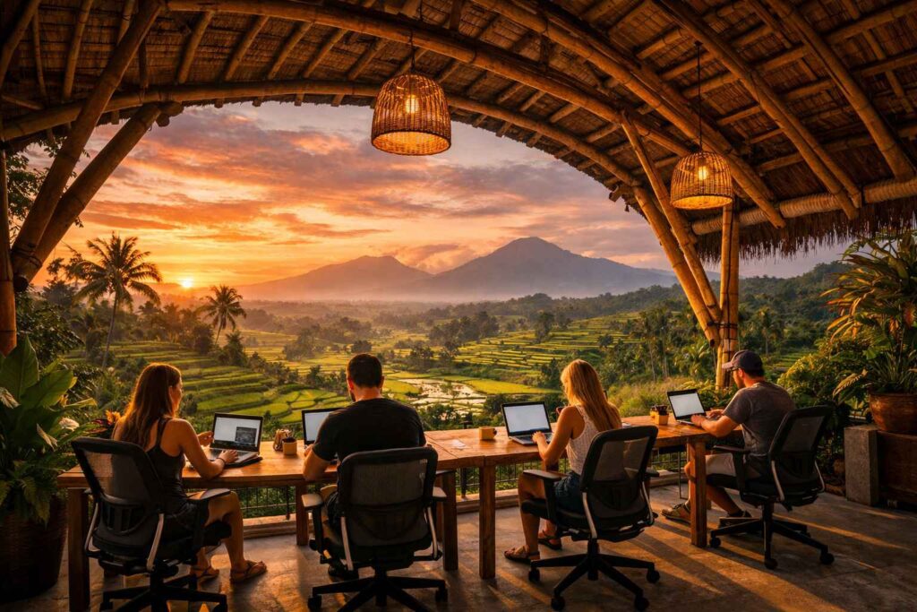 Tribal Bali coworking area with natural light Pererenan showing rice paddy views and modern amenities