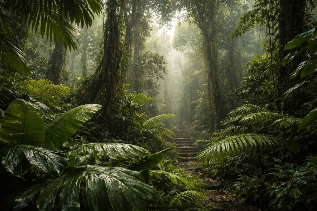Ubud rainforest in rainy season with lush jungle vegetation and mist