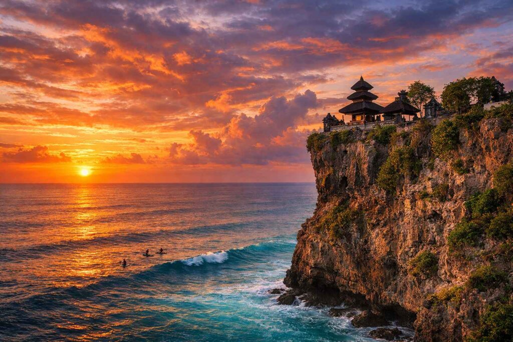 Uluwatu temple at sunset showing the best time to visit Bali for beaches