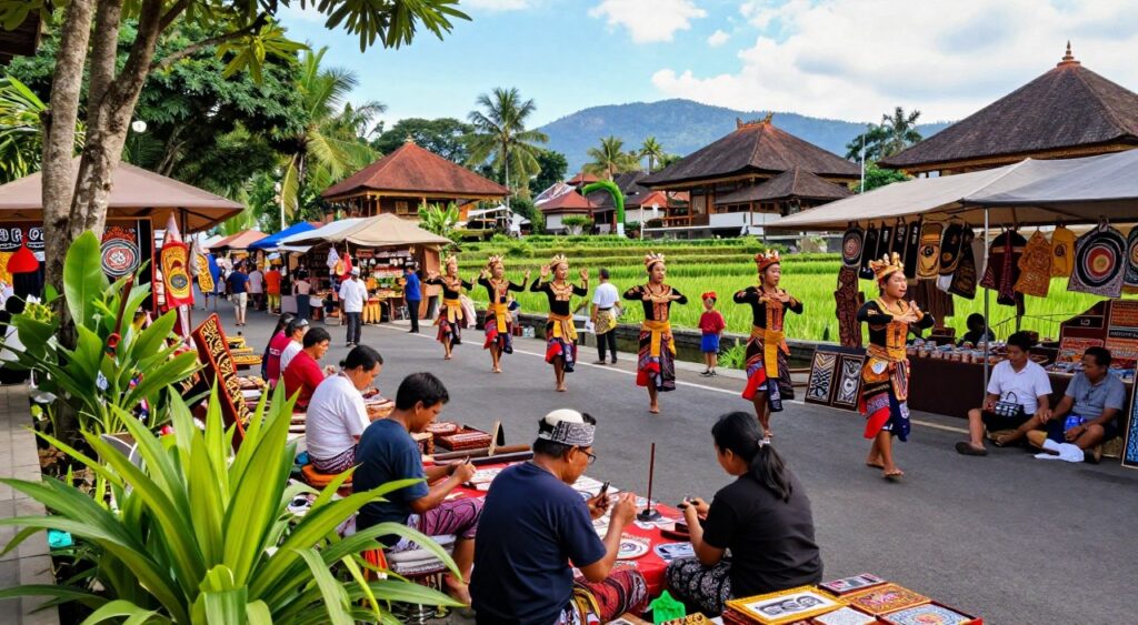 Vibrant scene of the Ubud Art Market in Bali, showcasing colorful stalls filled with handmade crafts and intricate Balinese art. In the foreground, artists demonstrate traditional painting and wood carving techniques, surrounded by lush greenery. The middle ground features a group of performers in traditional Balinese attire, engaging in a captivating dance, their expressions full of joy and cultural pride. The background reveals the charming architecture of Ubud, with terraced rice paddies and distant mountains under a bright blue sky. Soft, warm daylight bathes the scene, capturing the lively atmosphere. Use a wide-angle lens to emphasize the bustling market ambiance, inviting viewers into the rich tapestry of Ubud's artistic heritage. Vibrant scene of the Ubud Art Market in Bali, showcasing colorful stalls filled with handmade crafts and intricate Balinese art. In the foreground, artists demonstrate traditional painting and wood carving techniques, surrounded by lush greenery. The middle ground features a group of performers in traditional Balinese attire, engaging in a captivating dance, their expressions full of joy and cultural pride. The background reveals the charming architecture of Ubud, with terraced rice paddies and distant mountains under a bright blue sky. Soft, warm daylight bathes the scene, capturing the lively atmosphere. Use a wide-angle lens to emphasize the bustling market ambiance, inviting viewers into the rich tapestry of Ubud's artistic heritage.