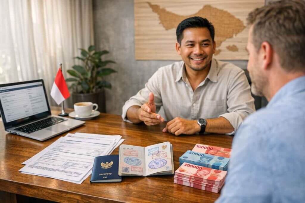 Visa agent assisting client with stay in Bali 6 months visa extension documents and Indonesian rupiah payment