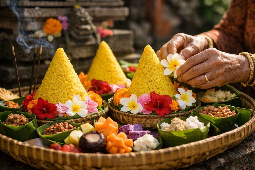 Yellow rice offerings prepared for Kuningan ancestral spirits ceremony