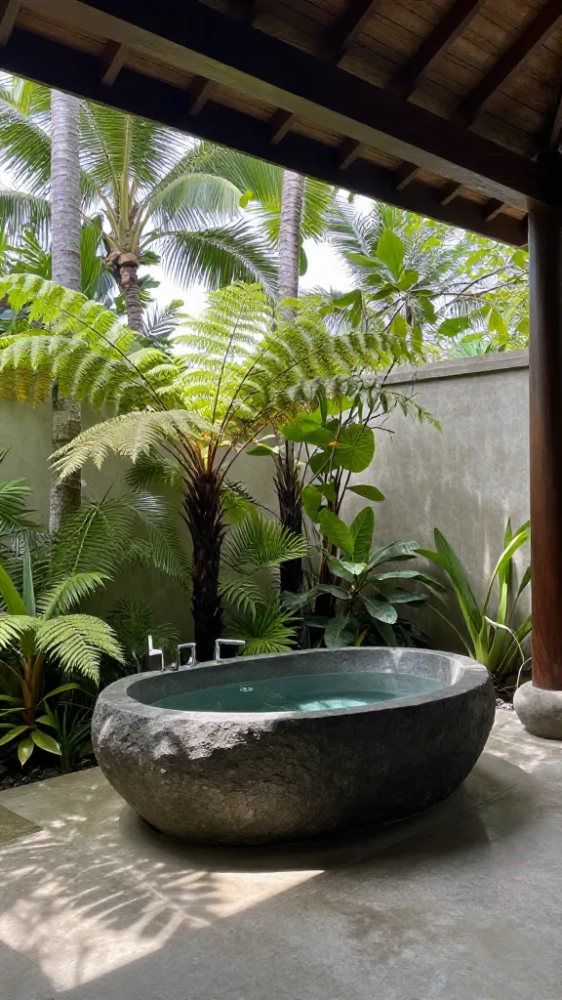Outdoor Bathrooms with Stone Soaking Tubs
