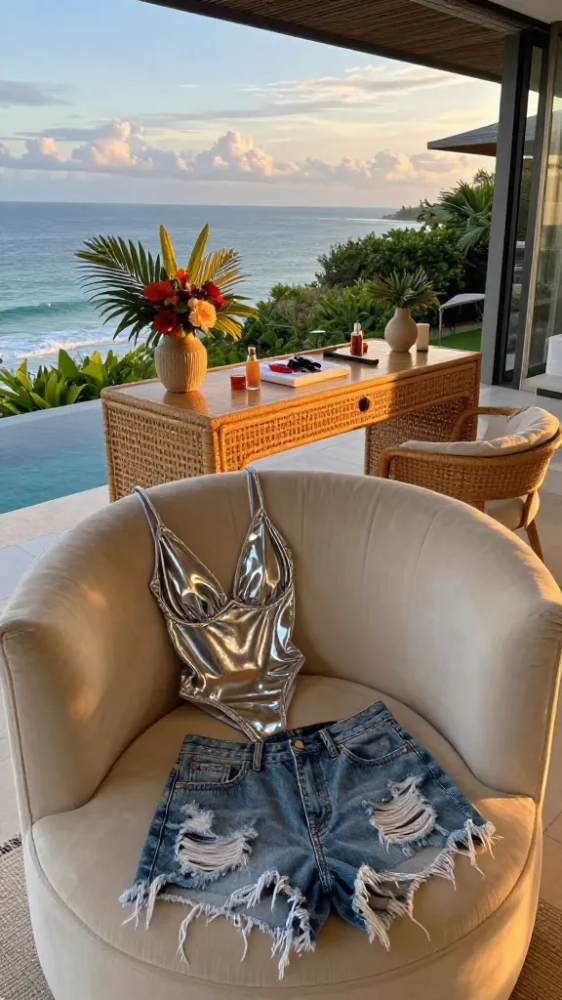 Get Ready for "Cruel Summer": The Best Tropical Party Outfits for a Bali Night Out 4 Metallic Bodysuits and Denim Shorts