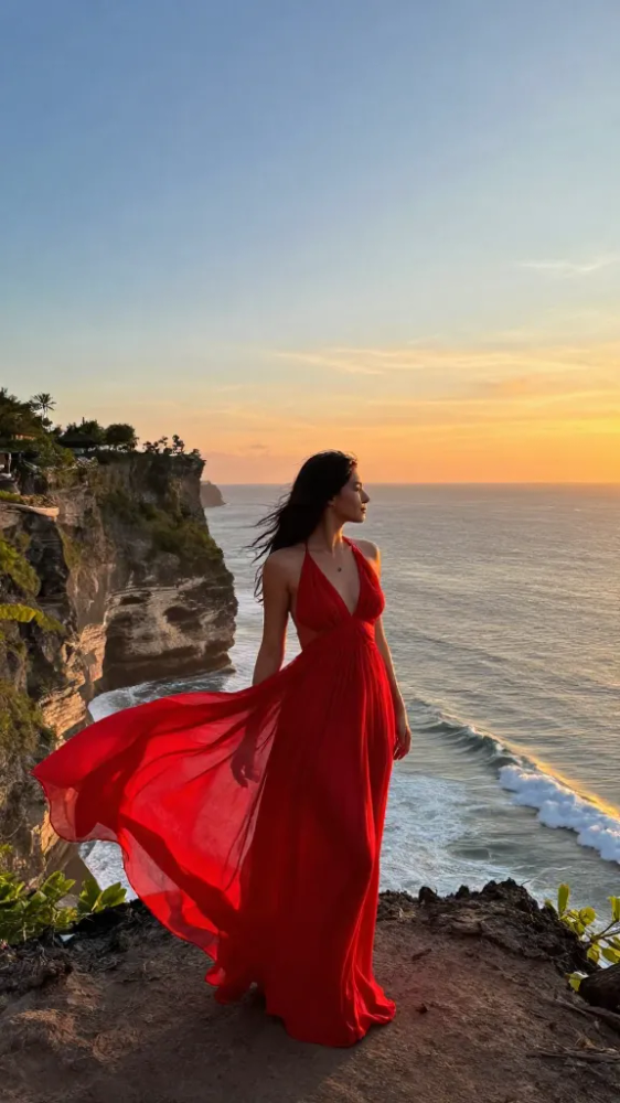 "Red (Taylor's Version)" in Bali: How to Style the Perfect Red Dress for Uluwatu Sunsets 1 Flowy Red Maxi Dress for Cliffside Photos