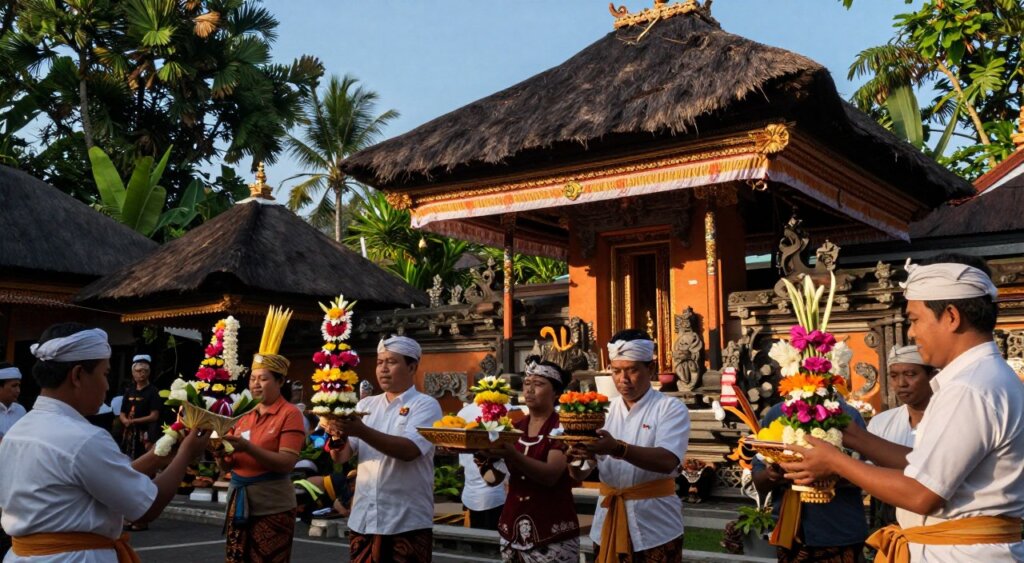 A Balinese temple ceremony, showcasing the significance of the Temple Anniversary Ceremony Odalan. In the foreground, a group of devotees dressed in traditional Balinese attire, performing a ceremonial offering, with vibrant floral arrangements and intricate offerings in their hands. In the middle ground, an ornate temple with detailed carvings and a soaring thatched roof, adorned with colorful banners and incense burners, creating a spiritual ambiance. The background features lush tropical greenery and a clear blue sky, enhancing the peaceful atmosphere. Soft, warm lighting casts gentle shadows, evoking a sense of reverence and celebration. Capture this scene at eye level, focusing on the expressions of devotion and the rich cultural elements, in a realistic photojournalism style, emphasizing the importance of the ceremony. A Balinese temple ceremony, showcasing the significance of the Temple Anniversary Ceremony Odalan. In the foreground, a group of devotees dressed in traditional Balinese attire, performing a ceremonial offering, with vibrant floral arrangements and intricate offerings in their hands. In the middle ground, an ornate temple with detailed carvings and a soaring thatched roof, adorned with colorful banners and incense burners, creating a spiritual ambiance. The background features lush tropical greenery and a clear blue sky, enhancing the peaceful atmosphere. Soft, warm lighting casts gentle shadows, evoking a sense of reverence and celebration. Capture this scene at eye level, focusing on the expressions of devotion and the rich cultural elements, in a realistic photojournalism style, emphasizing the importance of the ceremony.