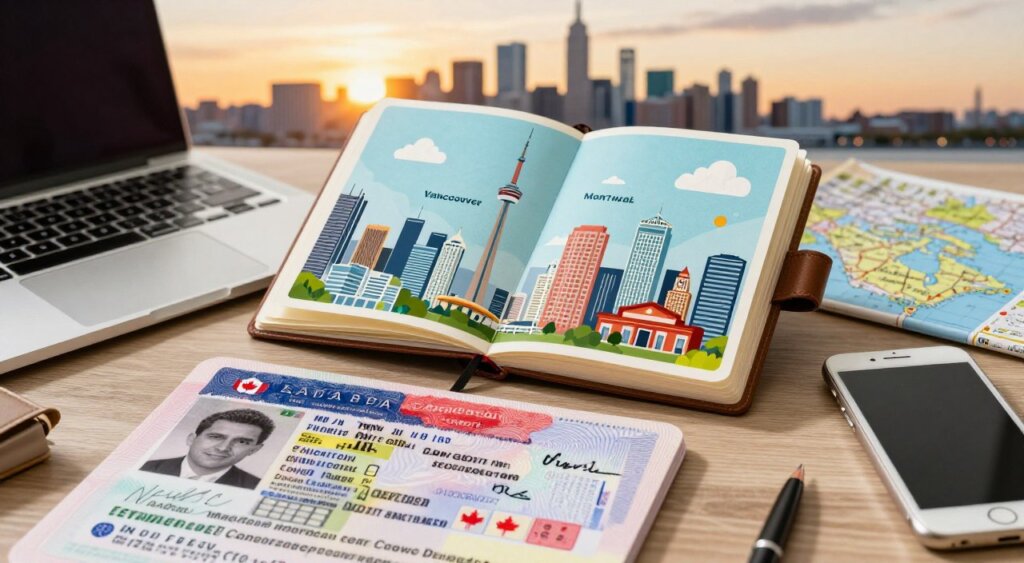 A Canadian visa document prominently displayed in a stylish notebook, surrounded by travel essentials like a laptop, smartphone, and a map of Canada. The foreground features the visa with detailed stamps and signatures. In the middle, the notebook opens to a vibrant page showcasing popular Canadian cities like Toronto, Vancouver, and Montreal, illustrated with iconic landmarks like the CN Tower and Mont Royal. The background captures a serene Canadian skyline at sunset, casting warm golden hues. Soft natural lighting enhances the image, creating an inviting and professional atmosphere. The scene evokes a sense of adventure and opportunity, perfect for digital nomads seeking new experiences in Canada.