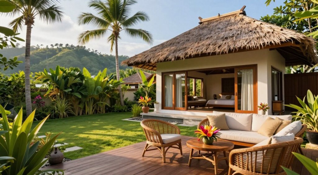 A beautiful, affordable Bali rental villa surrounded by lush tropical gardens, featuring a cozy outdoor seating area with comfortable furnishings. In the foreground, a wooden deck with rattan chairs and a small table, adorned with a colorful tropical flower arrangement. In the middle ground, the villa showcases traditional Balinese architecture with thatched roofing and large glass windows, allowing natural light to flood its interiors. The background reveals rolling green hills and palm trees gently swaying in the breeze, against a bright blue sky. The scene is illuminated by soft, golden sunlight, creating a warm, inviting atmosphere. The image captures the tranquility and charm of a long-term rental lifestyle in Bali, perfect for those seeking a serene escape.