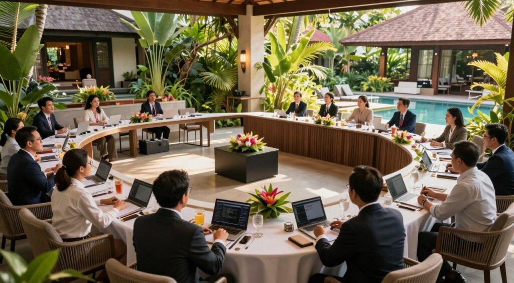 A beautifully arranged Bali conference venue set within The Bene Hotel Kuta, showcasing elegant tables adorned with local flowers and professional equipment. In the foreground, a round table with business attendees in professional attire engaged in discussion. The middle ground features a spacious conference area filled with modern seating arrangement, projectors, and tropical-inspired decorations. The background reveals a stunning view of lush greenery and Balinese architecture bathed in natural sunlight, creating a warm, inviting atmosphere. The lighting is bright yet soft, highlighting the tropical elegance of the space. The overall mood is professional yet relaxed, perfect for business gatherings in a serene island setting, captured from a slight overhead angle for a comprehensive view.