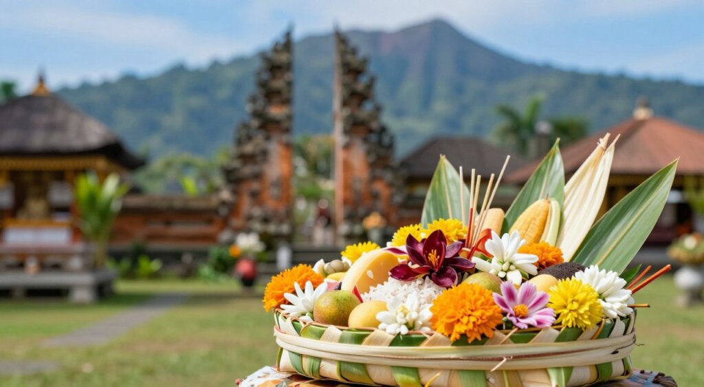 A beautifully arranged Canang Sari offering, prominently displayed in the foreground. The intricate basket made from coconut leaves is filled with vibrant flowers, including cananga, marigold, and jasmine, alongside rice, fruits, and incense, symbolizing Balinese spirituality. In the middle ground, a serene temple scene with lush greenery and soft, natural lighting enhances the atmosphere of devotion and tranquility. The background features a gently blurred traditional Balinese landscape, with rising mountains under a clear blue sky. Capture this image with a close-up lens to highlight the details and textures of the offering, while maintaining a soft bokeh effect to convey sacredness and reverence. The overall mood is peaceful and reflective, inviting viewers to appreciate the tradition and artistry behind the Canang Sari.