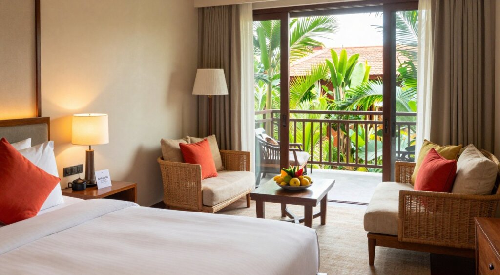 A beautifully arranged Harris Hotel room, showcasing a blend of modern elegance and Balinese charm. In the foreground, a neatly made king-size bed adorned with vibrant throw pillows, complemented by a stylish bedside table holding a small lamp and a welcome note. In the middle, a cozy seating area with a rattan chair and a plush ottoman, alongside a wooden coffee table topped with fresh tropical fruits. The backdrop features large windows revealing a sunlit balcony adorned with lush green plants. Soft, warm lighting fills the room, creating a soothing atmosphere. The angle captures the entire room in a professional photojournalism style, evoking a sense of relaxation and comfort ideal for a luxurious getaway.