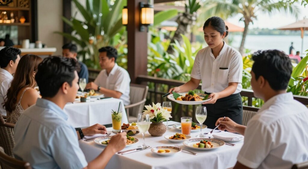 A beautifully arranged dining scene at Febris Hotel Kuta Bali's restaurant, showcasing a mix of tropical elegance and modern design. In the foreground, a table elegantly set with pristine white table linens, polished cutlery, and delicate floral centerpieces. Guests in modest casual clothing enjoy their meals, reflecting a relaxed yet upscale dining experience. In the middle ground, attentive staff serve fresh, vibrantly plated dishes inspired by local Balinese cuisine, with decorative plates and refreshing drinks. The background features lush greenery and soft, ambient lighting that creates a warm and inviting atmosphere, with large windows revealing glimpses of Kuta's vibrant surroundings. The image should be captured from a slight angle to enhance depth, with natural sunlight illuminating the scene, evoking a serene and pleasant dining ambiance.