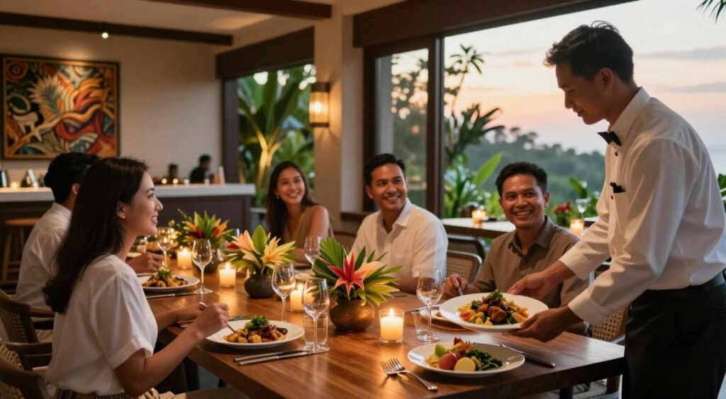 A beautifully arranged dining table at The Bene Hotel in Kuta, Bali, featuring elegant tableware, flickering candlelight, and tropical floral centerpieces. In the foreground, a waiter in professional attire is serving a plate of exquisite local cuisine. The middle ground showcases guests enjoying their meals, with smiles and laughter creating a warm atmosphere. The background reveals the hotel's stylish and modern dining area, adorned with Balinese artwork and lush greenery. Soft, natural lighting filters through large windows, giving a serene ambiance as the sun sets. The image captures the essence of a luxurious yet inviting dining experience, perfectly suited for showcasing the dining options at The Bene Hotel.