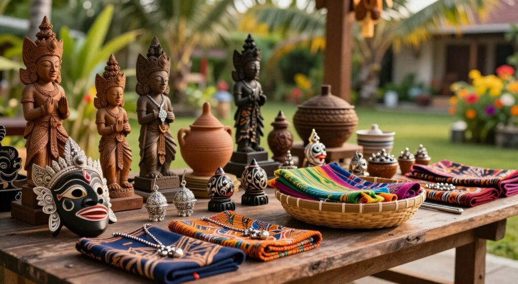 A beautifully arranged display of handcrafted souvenirs from Bali, featuring intricately carved wooden statues, vibrant batik textiles, and delicate silver jewelry, set on a rustic wooden table. In the foreground, focus on a striking Balinese mask and a colorful woven basket filled with natural dyed fabrics. The middle ground showcases traditional pottery and small, detailed trinkets. In the background, a lush tropical garden with palm trees and colorful flowers softly blurred, creating a serene atmosphere. The lighting is warm and inviting, simulating the golden hour, accentuating the textures and colors of the souvenirs. Capture the scene with a shallow depth of field, using a 50mm lens to create a professional, photojournalism-style image that evokes a sense of cultural richness and artisanal craftsmanship.
