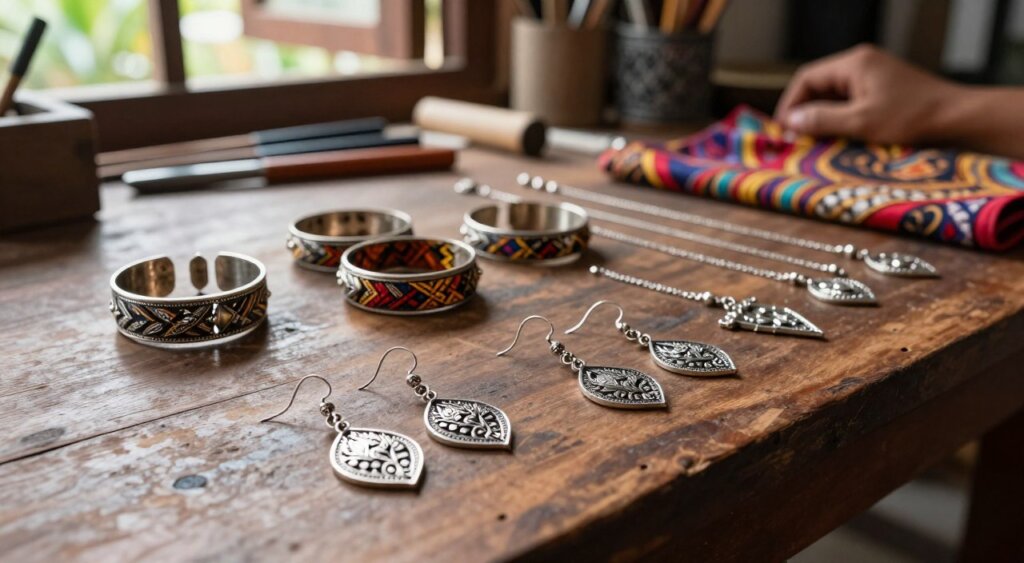 A beautifully arranged display of handmade Balinese batik silver jewelry on a rustic wooden table, showcasing intricate art designs. In the foreground, focus on a pair of delicate silver earrings with batik patterns, glimmering softly in the light. The middle ground features a selection of bracelets and necklaces, each piece uniquely crafted, reflecting the vibrant colors and textures of traditional Balinese art. The background reveals a blurred artisan workshop with tools and materials, hinting at the craftsmanship involved in creating these pieces. Natural soft lighting filters through the open windows, creating a warm and inviting atmosphere. The mood is peaceful and artistic, celebrating Bali’s rich artistic traditions in a professional photojournalism style, reminiscent of National Geographic quality.