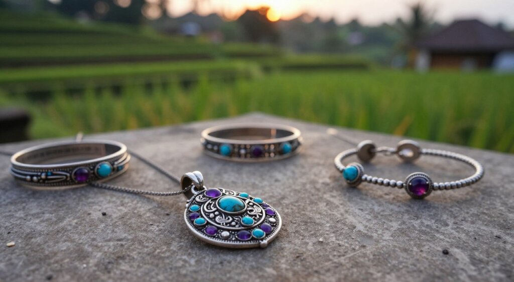A beautifully arranged display of intricate Bali jewellery showcasing meaningful gifts, symbolizing cultural significance. In the foreground, focus on a handcrafted silver pendant featuring traditional Balinese motifs, adorned with vibrant gemstones such as turquoise and amethyst. In the middle ground, include delicate bracelets and earrings, each piece telling a unique story through its design. The background should softly feature a serene Balinese landscape with lush rice terraces under a warm evening sun, enhancing the richness of the jewellery. Use soft lighting to create a tranquil atmosphere, with a shallow depth of field to emphasize the jewellery while subtly blurring the background. Capture this scene with a natural, authentic feel, reminiscent of high-quality photojournalism.
