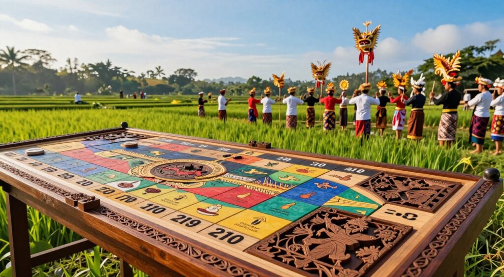 A beautifully arranged display of the Pawukon calendar system, showcasing its intricate 210-day cycle, set against a serene Balinese landscape. In the foreground, a traditional Balinese calendar made of wood, featuring detailed carvings and a vibrant color palette symbolizing cultural significance. In the middle ground, a group of culturally dressed Balinese individuals engage in a lively celebration, portraying rituals associated with the 210-day cycle, dressed in traditional attire. The background features lush green rice paddies and a clear blue sky, infused with soft, warm sunlight, captured with a slight tilt to capture a dynamic angle. The mood is festive and vibrant, emphasizing the connection between the calendar and the cultural celebrations that arise from it.