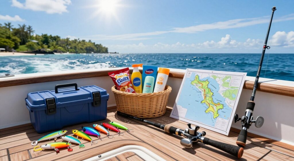 A beautifully arranged fishing charter packing list displayed on a wooden boat deck, sunlight streaming through clear blue skies. In the foreground, vibrant fishing gear like colorful lures, sturdy tackle boxes, and a high-quality fishing rod are neatly organized. The middle ground features a wicker basket filled with snacks, drinks, and sunblock, alongside a detailed map of Bali’s fishing spots. In the background, gentle waves lap at the boat’s side, with a lush green coastline visible. Captured in natural lighting with a wide-angle lens to give depth and context, the image exudes an adventurous and relaxed mood, ideal for a fishing charter experience.