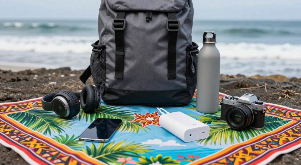 A beautifully arranged flat lay image showcasing essential tech gadgets for Bali travel, including a sleek smartphone, noise-canceling headphones, a portable charger, and a compact camera. The foreground features these items on a vibrant, patterned sarong or beach towel, with images of palm leaves and a tropical atmosphere. In the middle, include a stylish travel backpack and a reusable water bottle, emphasizing eco-friendliness. The background has a blurred ocean view with gentle waves, creating a serene mood with soft, natural lighting. The image captures the essence of modern travel, inviting a sense of adventure and relaxation in a tropical paradise.