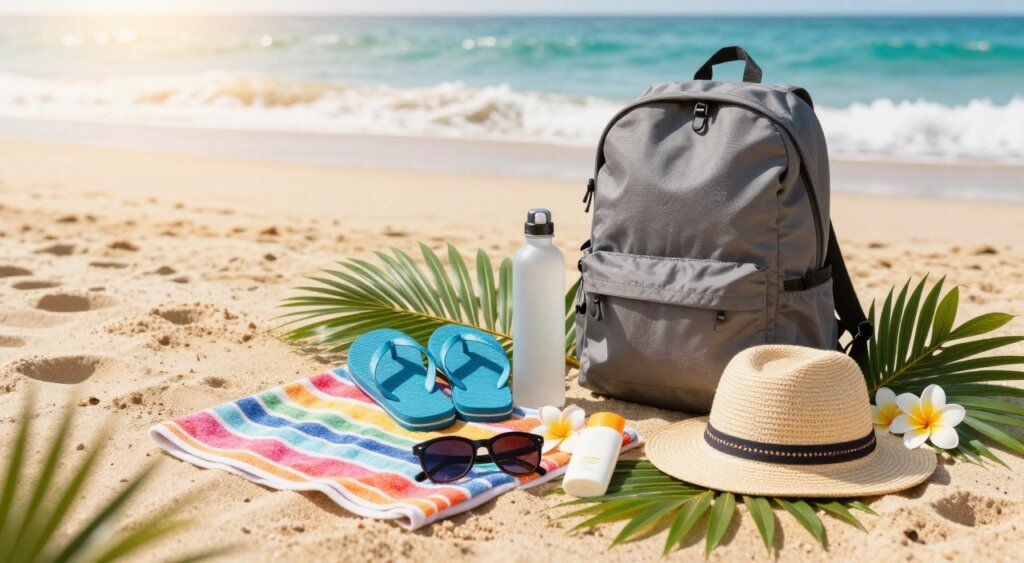 A beautifully arranged flat lay of an essential packing list for a Bali vacation. In the foreground, vibrant travel accessories like a lightweight beach towel, a stylish sun hat, sunglasses, and biodegradable sunscreen. The middle layer features practical items such as flip-flops, a reusable water bottle, and a lightweight backpack, all surrounded by tropical motifs like palm leaves and frangipani flowers. In the background, a blurred, sun-soaked Bali beach scene with soft golden sand and gently lapping turquoise waves, suggesting a relaxed vacation atmosphere. The lighting is warm and bright, reminiscent of a sunny Bali day, captured at an angle that provides a dynamic and inviting perspective. The overall mood is joyful and adventurous, perfect for first-time visitors.