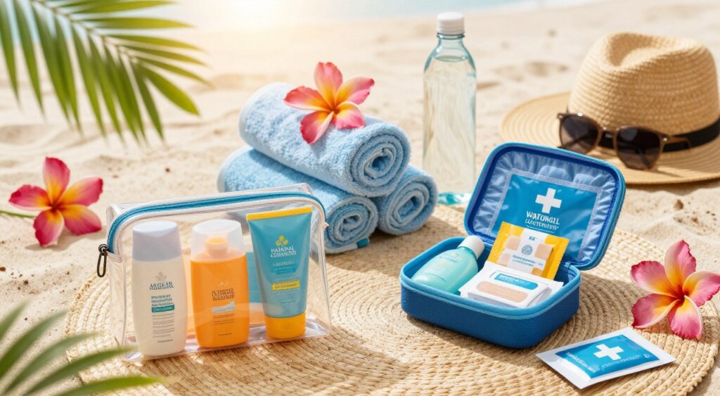 A beautifully arranged flat lay showcasing essential toiletries and first aid supplies for travel. The scene is meticulously organized on a woven beach mat, with vibrant tropical flowers surrounding the items. In the foreground, a clear travel-sized toiletry bag filled with mini shampoo, conditioner, and sunscreen is prominent. Next to it, a compact first aid kit opens to reveal band-aids, antiseptic wipes, and pain relievers. In the middle ground, rolled-up towels and a reusable water bottle add to the travel theme, while a sun hat and sunglasses hint at a beach destination. The background features gentle sunlight filtering through palm leaves, creating a warm and inviting atmosphere, reminiscent of Bali’s paradisiacal vibe. The composition should evoke a sense of preparation and relaxation, styled like a National Geographic photography spread, with a soft depth of field for a professional touch.